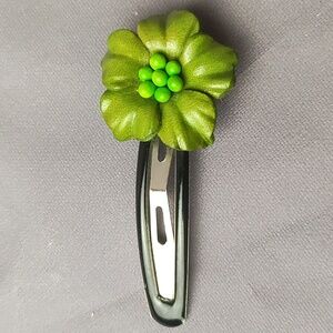4 Green leather flower barrette hair clip homemade